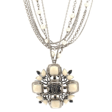 Chanel CC Cross Multistrand Pendant Necklace Metal with Faux Pearls and Gripoix