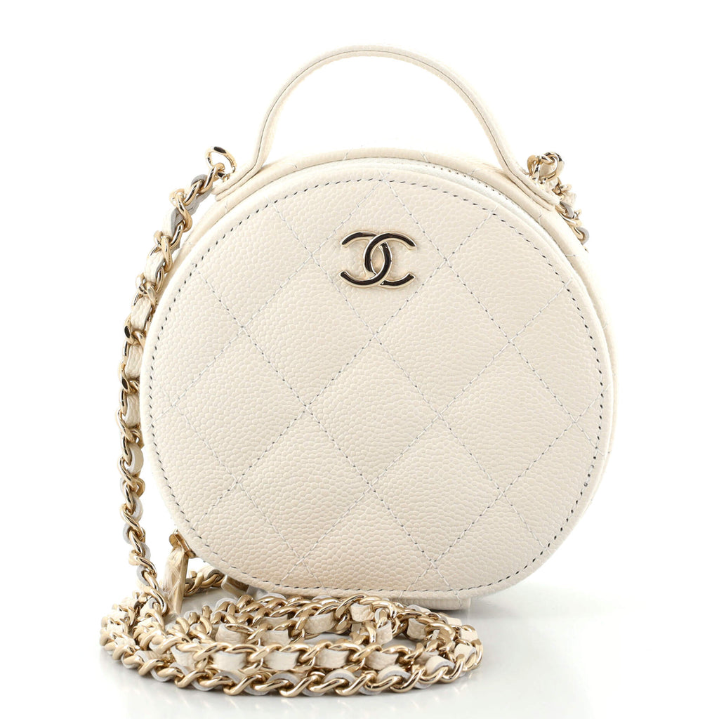 Chanel Handle With Care Round Vanity Case with Chain Quilted Caviar Small  White 1190171