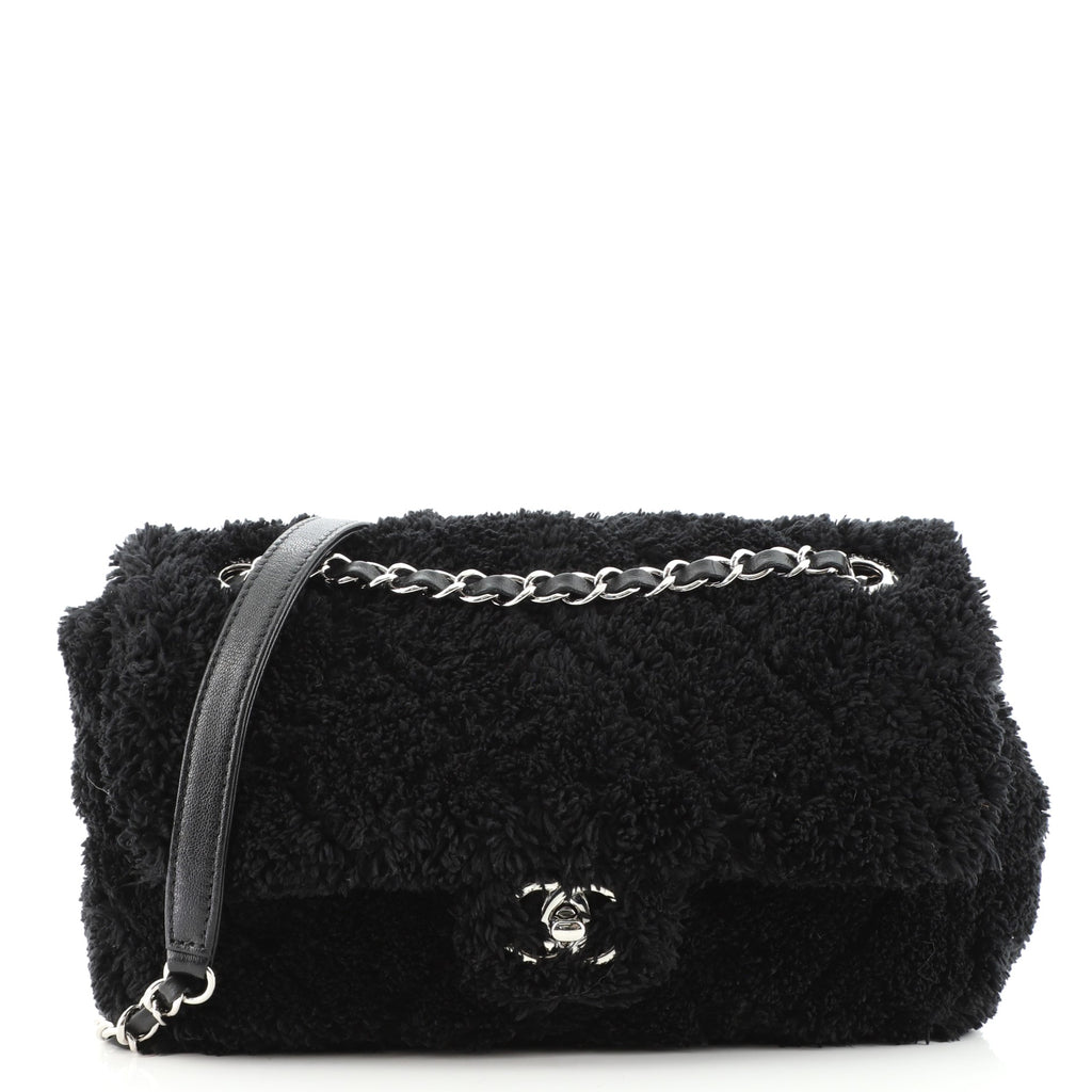 Chanel By The Sea Flap Bag Quilted Faux Fur Medium Black 1191001