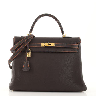 Hermes Kelly Handbag Brown Clemence with Gold Hardware 35