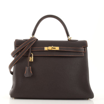 Hermes Kelly Handbag Brown Clemence with Gold Hardware 35