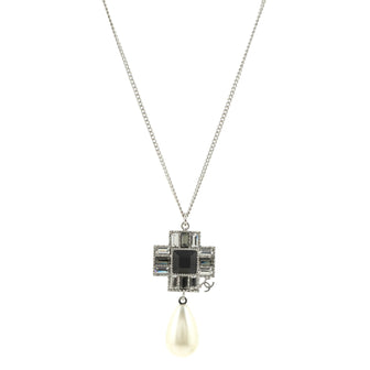 Chanel CC Cross Teardrop Pendant Necklace Metal with Crystals and Faux Pearl