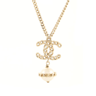 Chanel CC Chain Drop Pendant Necklace Metal with Faux Pearls