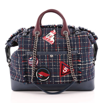 Chanel Crest Trip Bowling Bag Patch Embellished Tweed and Grained Calfskin 
