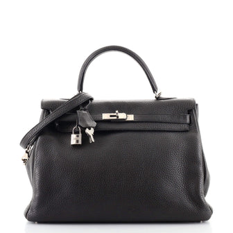 Hermes Kelly Handbag Black Clemence with Palladium Hardware 35