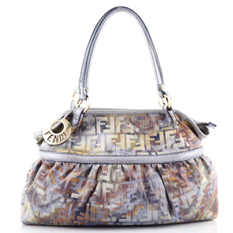 Fendi Chef Shoulder Bag Multicolor Zucca Canvas with Lizard Embossed Leather Large