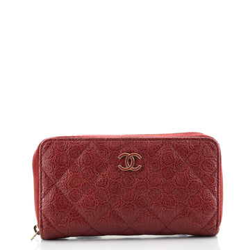 Chanel Zip Around Wallet Camellia Embossed Quilted Calfskin Small