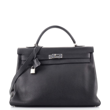 Hermes Kelly Handbag Black Clemence with Palladium Hardware 40