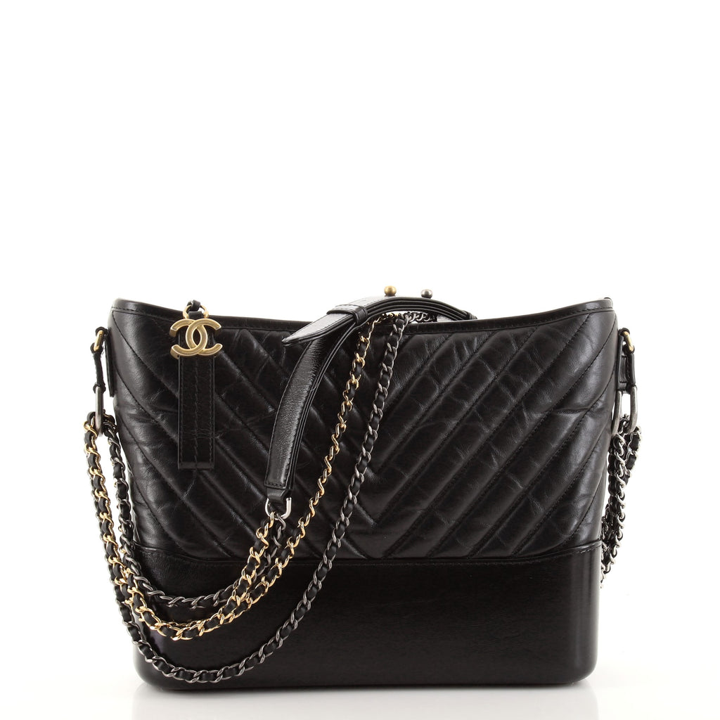 Authentic Chanel Medium Gabrielle Black Chevron Aged Calfskin Leather Hobo  Bag