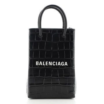 Balenciaga Shopping Phone Holder Crocodile Embossed Leather