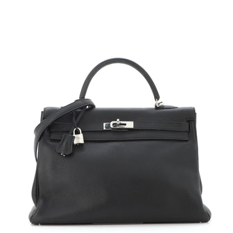 Hermes Kelly Handbag Black Clemence with Palladium Hardware 35