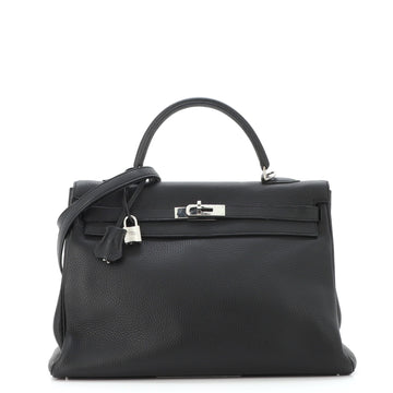Hermes Kelly Handbag Black Clemence with Palladium Hardware 35