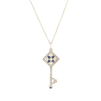 Tiffany & Co. Checkerboard Key Pendant Necklace 18K White Gold with Diamonds and Enamel