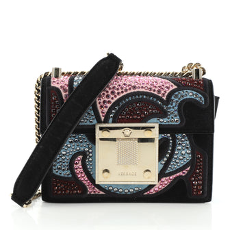 Versace Baroccoflage Chain Flap Bag Crystal Embellished Suede with Leather Small