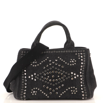 Prada Canapa Convertible Tote Rhinestone Embellished Denim Medium