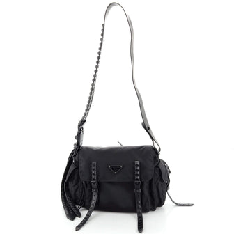 Prada New Vela Flap Messenger Bag Tessuto with Studded Leather Medium
