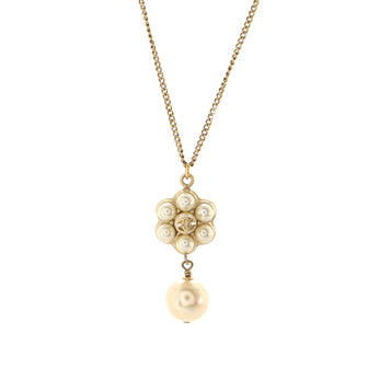 Chanel Flower Drop Pendant Necklace Metal with Faux Pearls
