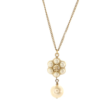 Chanel Flower Drop Pendant Necklace Metal with Faux Pearls