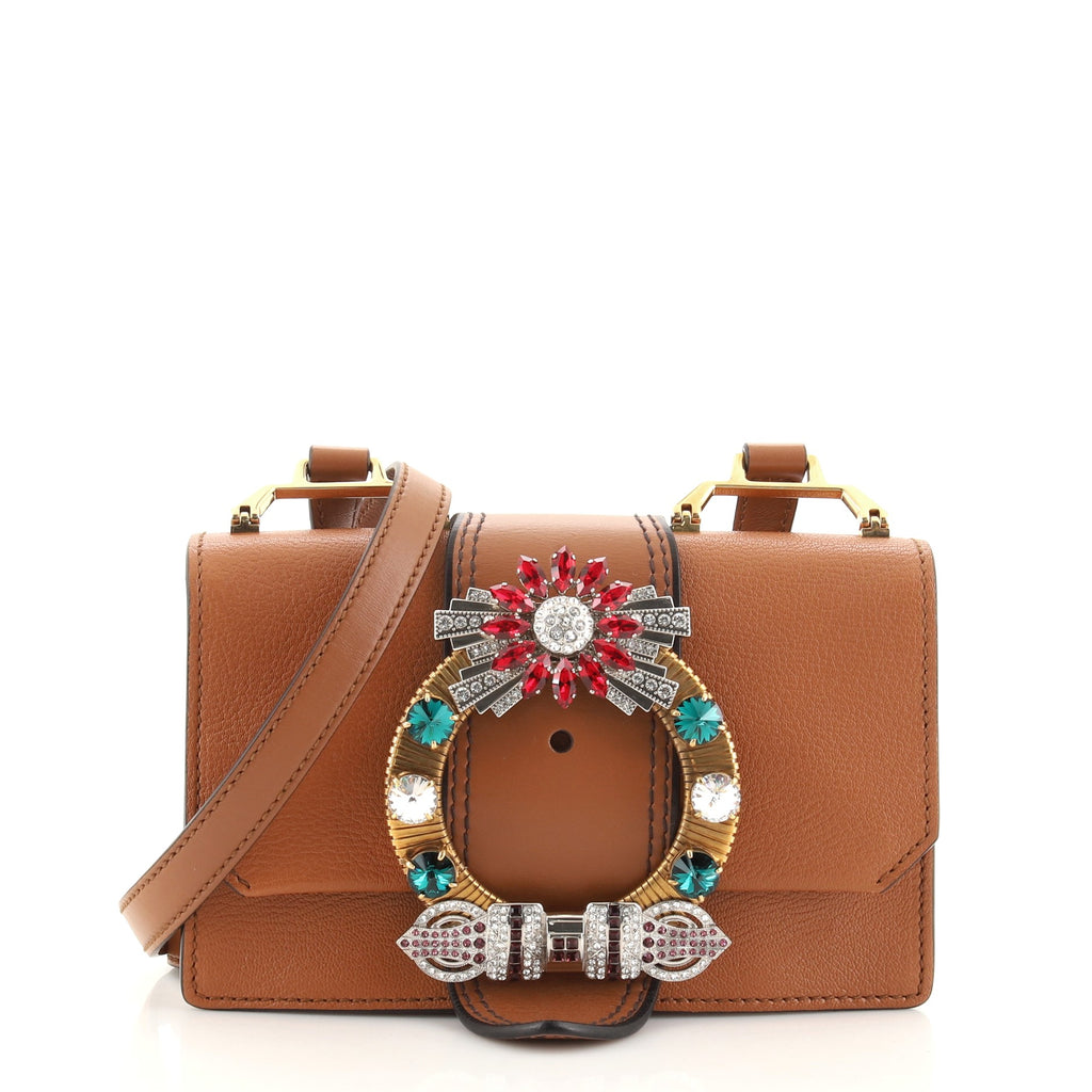 Miu Miu Madras Crystal Buckle Shoulder Bag Leather Small Brown 1217187