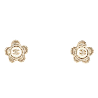 Chanel Flower CC Stud Earrings Metal with Faux Pearls