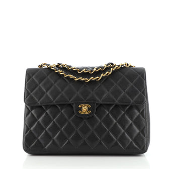 Chanel Vintage Square Classic Single Flap Bag Quilted Caviar Jumbo