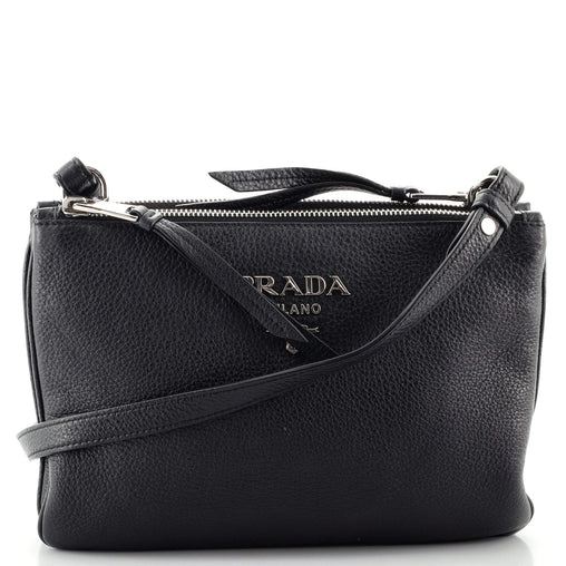Prada Double Zip Crossbody Bag Vitello Phenix Small Black 1219871