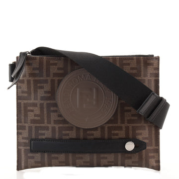 Fendi FF Logo Stamp Flat Messenger Bag Zucca Coated Canvas Small