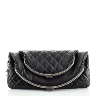Chanel Double Kisslock Fold Over Clutch Quilted Leather Medium