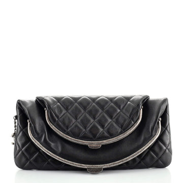 Chanel Double Kisslock Fold Over Clutch Quilted Leather Medium