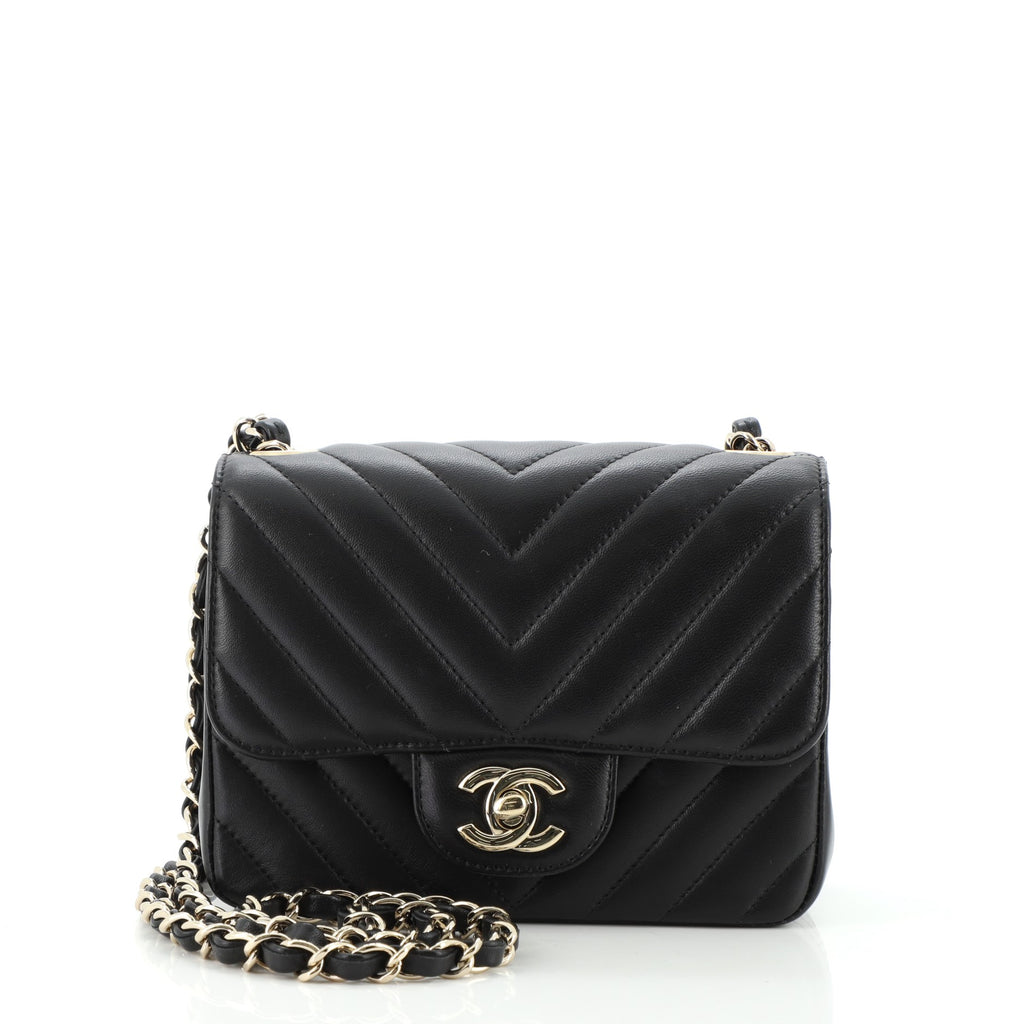 Chanel Square Classic Single Flap Bag Chevron Lambskin Mini Black 1221341