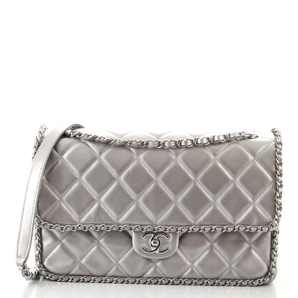 Chanel Running Chain Around Flap Bag Quilted Crumpled Calfskin Large Silver  1225031