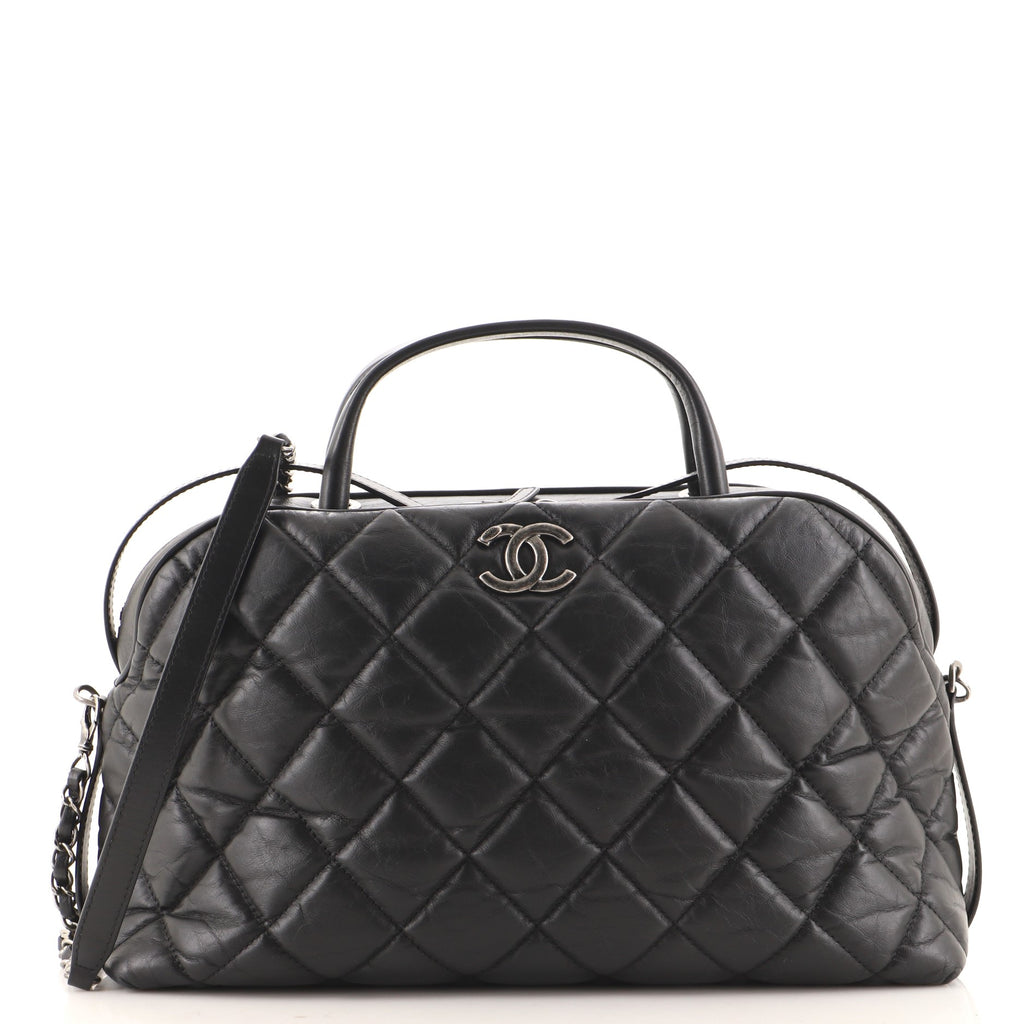 Chanel CC Top Handle Bowler Bag Quilted Aged Calfskin Small Black