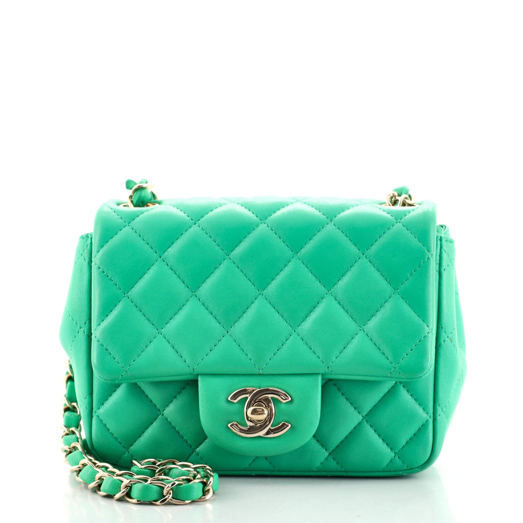 Chanel Square Classic Single Flap Bag Quilted Lambskin Mini Green 12259611