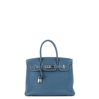Hermes Birkin Handbag Blue Clemence with Palladium Hardware 30