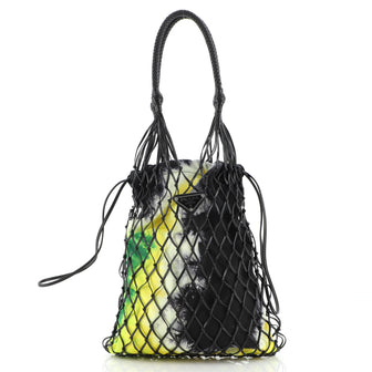 Prada Fishnet Tote Woven Leather and Printed Canvas