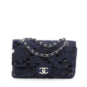 Chanel Classic Double Flap Bag Pailette Embellished Quilted Satin Medium Blue 1228101