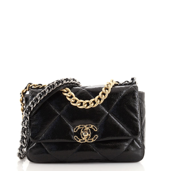 CHANEL Shiny Crumpled Calfskin Quilted Medium Chanel 19 Flap Black 682083