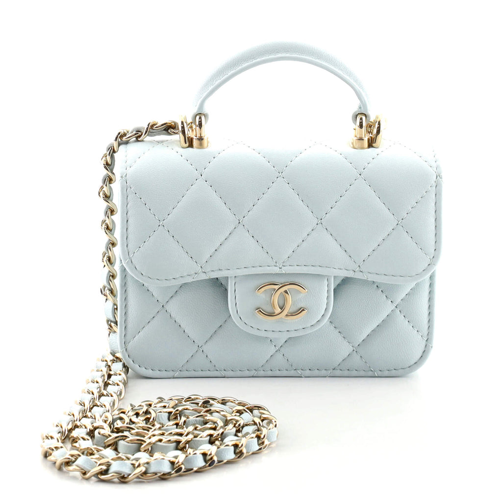 Chanel Top Handle Flap Coin Purse with Chain Quilted Lambskin Blue 1228841