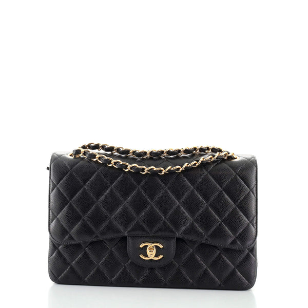 CHANEL  Tan Classic Double Flap Bag Quilted Caviar Jumbo – The