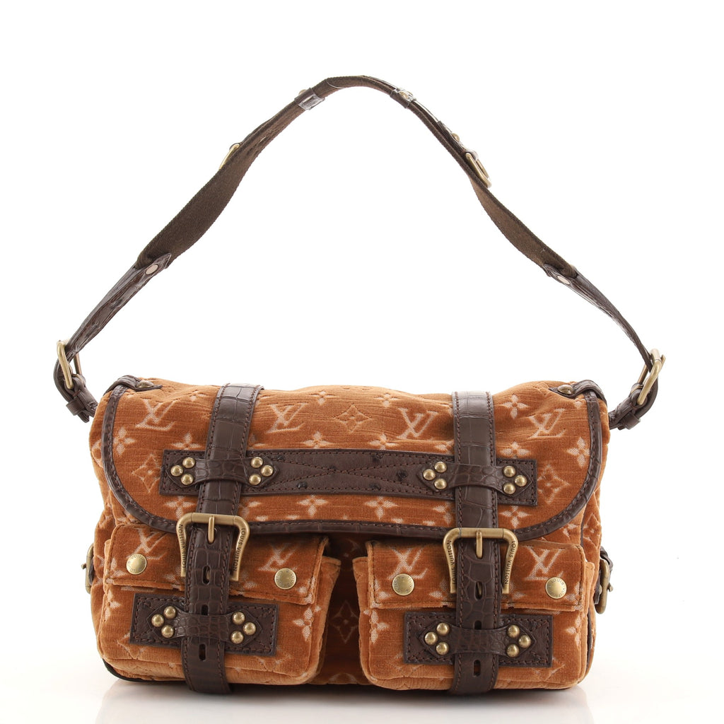 Louis Vuitton Clyde Handbag Monogram Velour and Alligator Brown