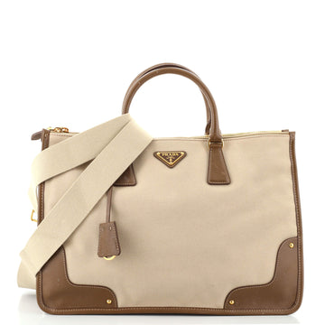 Prada Double Zip Tote Canvas with Saffiano Leather Medium