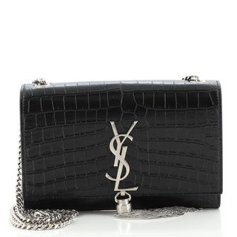 Saint Laurent Classic Monogram Tassel Crossbody Bag Crocodile Embossed Leather Small