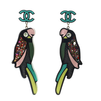 Chanel Parrot CC Earrings Glitter Resin and Crystals