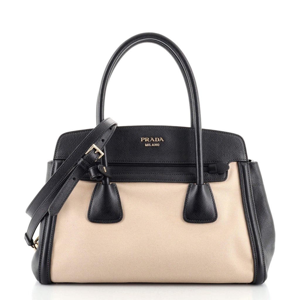Prada Cuir Frame Convertible Tote Canvas and Saffiano Leather