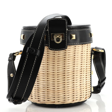 Salvatore Ferragamo Gancini Drawstring Bucket Bag Wicker with Studded Leather Small