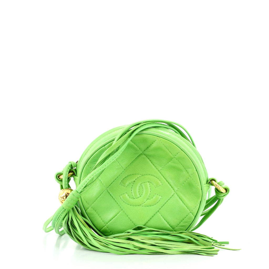 Chanel Vintage Round Tassel Crossbody Bag Quilted Leather Mini Green 1240921