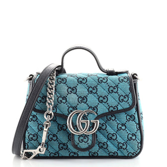 Gucci GG Marmont Top Handle Flap Bag Diagonal Quilted GG Canvas Mini