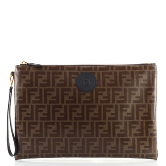 Fendi FF Logo Stamp Zip Wristlet Flat Pouch Zucca Coat Canvas Large