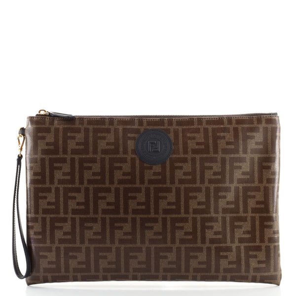Fendi FFロゴポーチ ブラウン/ブラック Fendi FF Logo Stamp Zip Wristlet Flat Pouch Zucca Coat Canvas