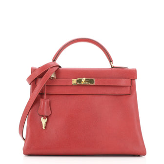 Hermes Kelly Handbag Red Courchevel with Gold Hardware 32
